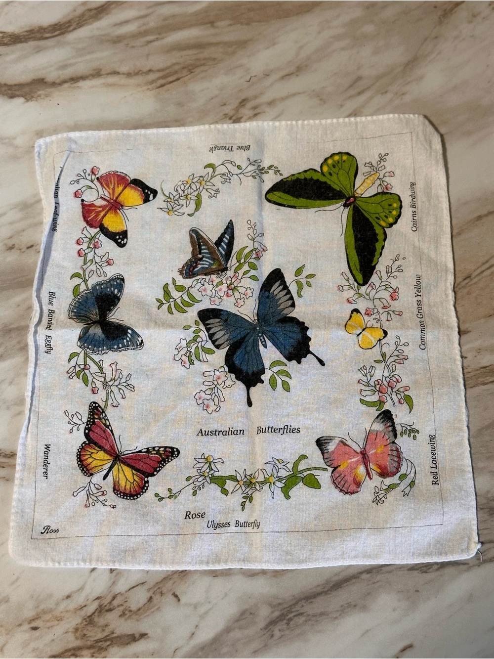 vintage printed butterfly fabric piece, tea towel or handkerchief.